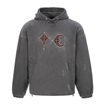 Heavy Washed And Worn Destroyed Casual Hooded Sweater