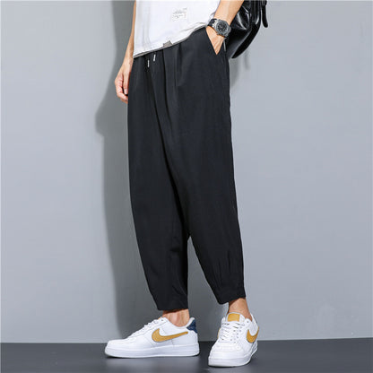 Ice Silk Leisure Draping Student Sports Straight Cropped Pants