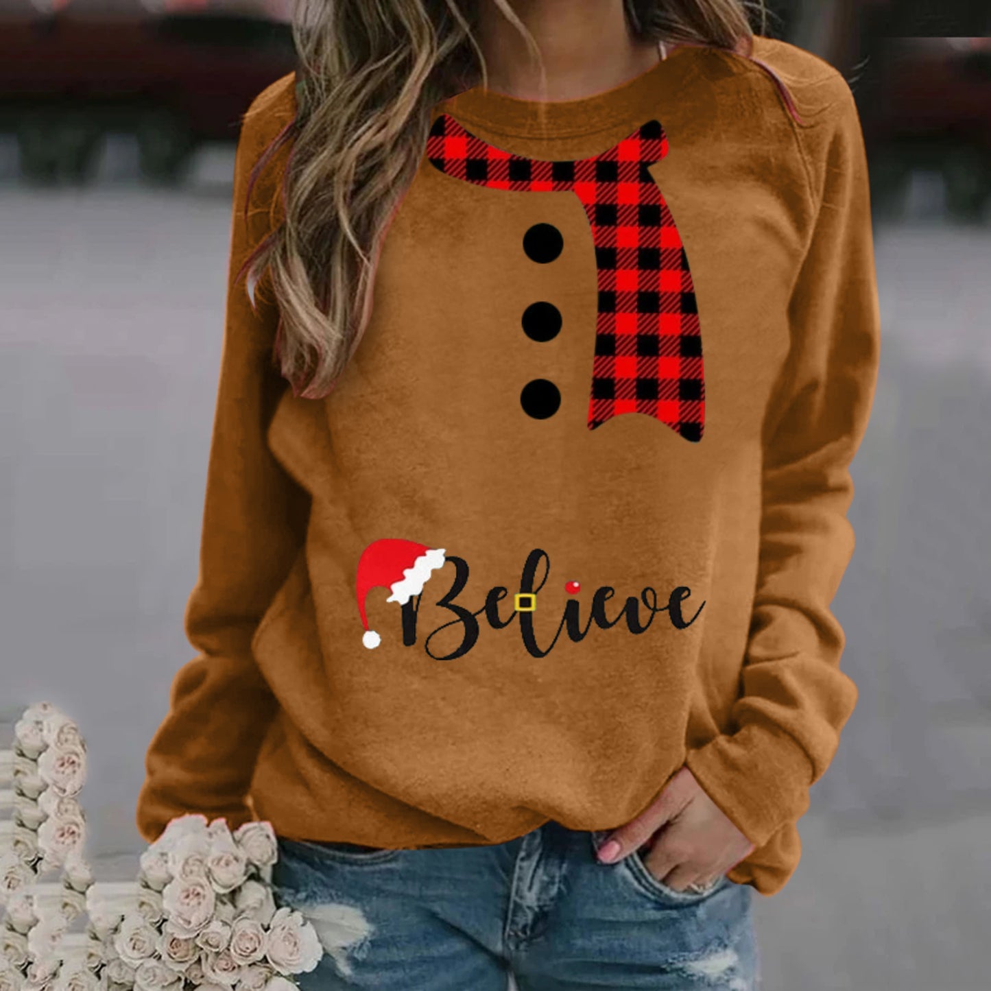 Christmas Pattern Printing Long Sleeve Crew Neck Sweater Women