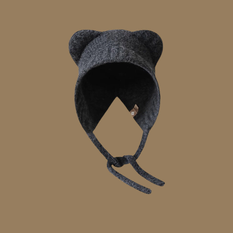 Lace-up Knitted Bear With Ears Wild Warm Hat Cartoon Cute Sweet Woolen Cap