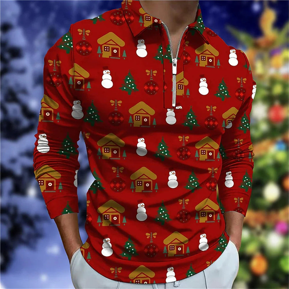 Santa Claus Cartoon Pattern Digital 3D Printing Zipper And Lapel Top