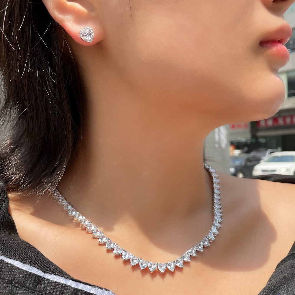 New Love Heart-shaped Zircon Necklace And Earring Suit