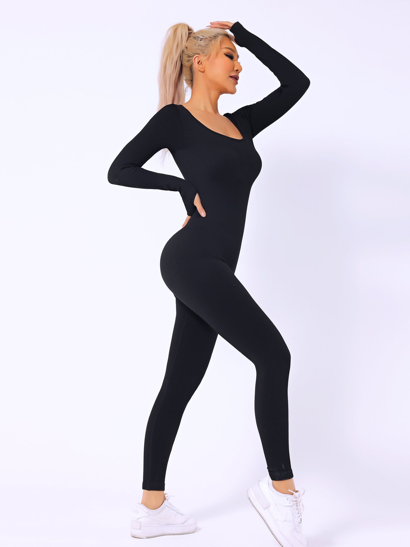 Women's Long-sleeved Thread Yoga Suit Sexy Square-neck Women's Hip Raise Slim Fit Sports Jumpsuit