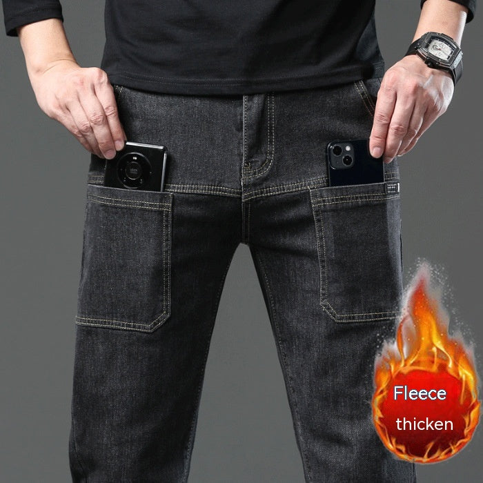 All-matching Casual Autumn And Winter Thick Fleece-lined Denim Pants Men