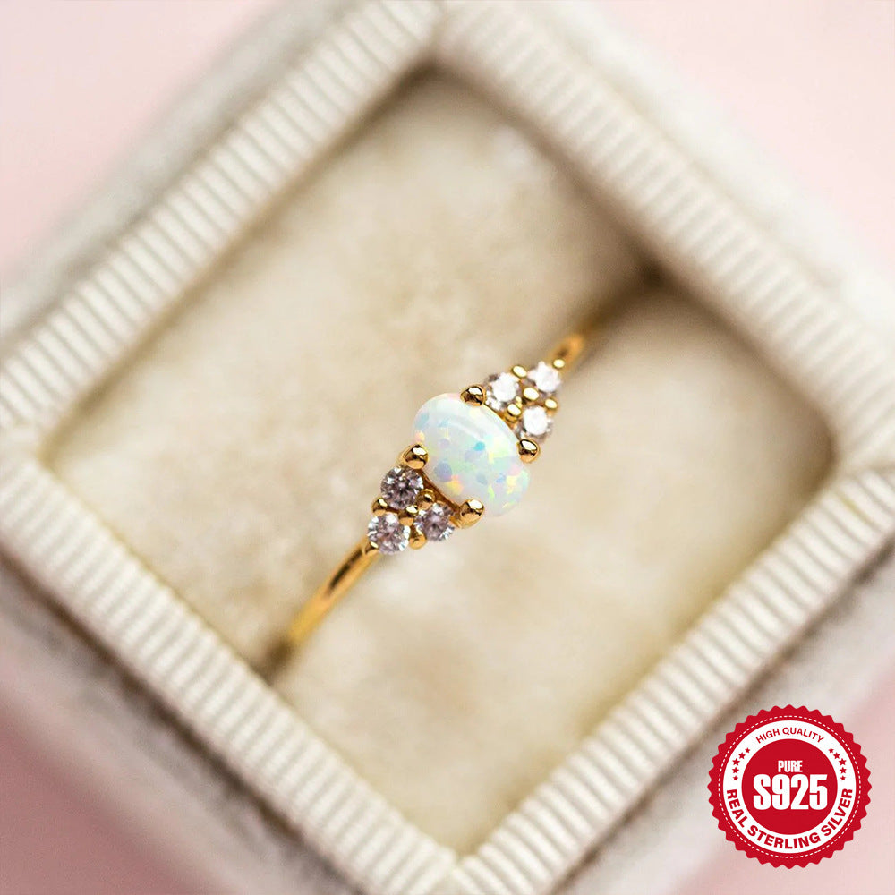 Fashion Simple S925 Sterling Silver Opal Diamond Women's Ring