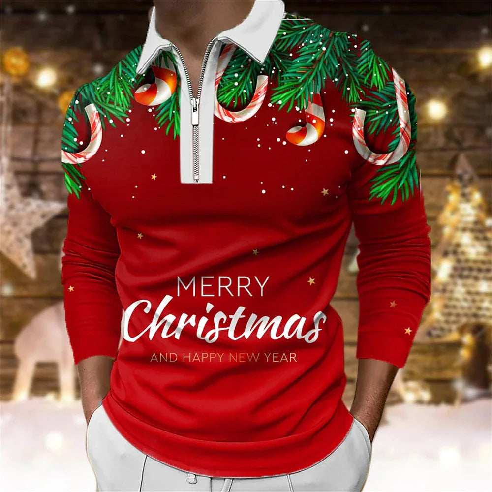 Santa Claus Cartoon Pattern Digital 3D Printing Zipper And Lapel Top