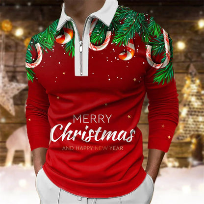 Santa Claus Cartoon Pattern Digital 3D Printing Zipper And Lapel Top