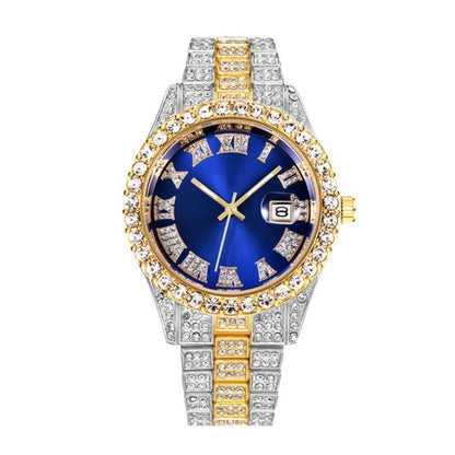 Hot Men's Steel Belt Hip Hop Roman Scale Diamond Quartz Watch