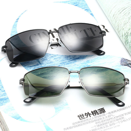 Male Sunglasses Metal Large Square Frame TAC Polarized Leisure Fishing Glasses