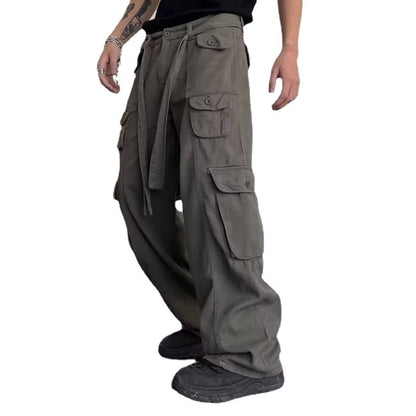 Retro Hip Hop Pu Shuai Japanese Straight Casual Multi-pocket Cargo Pants Men