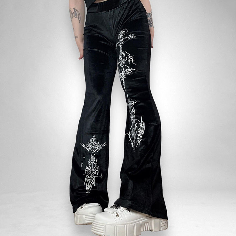 Fashion Temperament Slim Fit Velvet Print Bell-bottom Pants