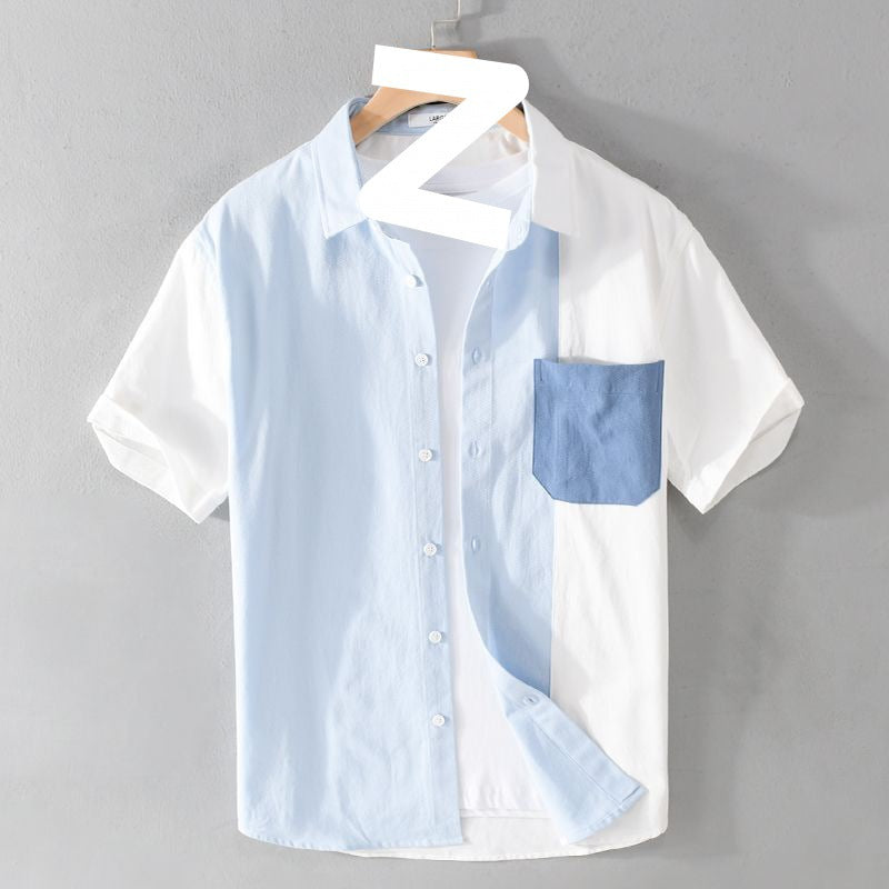 Patchwork Contrast Color Pocket Short Sleeve Shirt