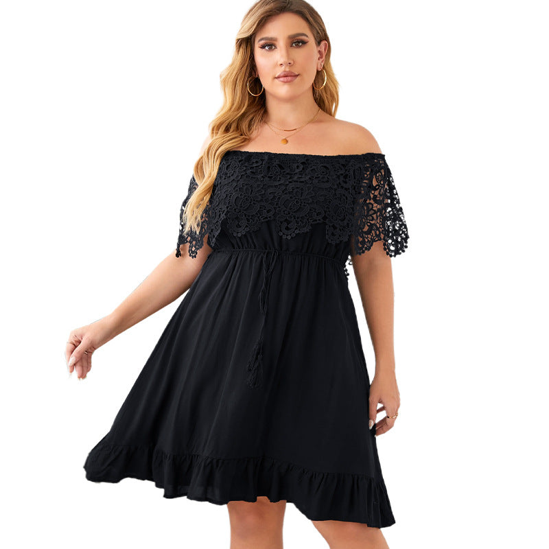 Black Lace Sleeve Stitching Dress Off-shoulder Ruffled Skirt