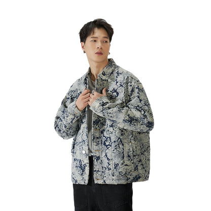 Autumn Retro Jacquard Denim Coat Men's Loose