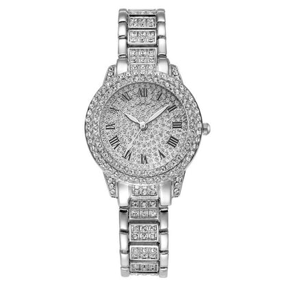 Full Diamond Roman Literal Steel Watch Bracelet Set