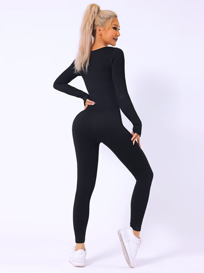 Women's Long-sleeved Thread Yoga Suit Sexy Square-neck Women's Hip Raise Slim Fit Sports Jumpsuit