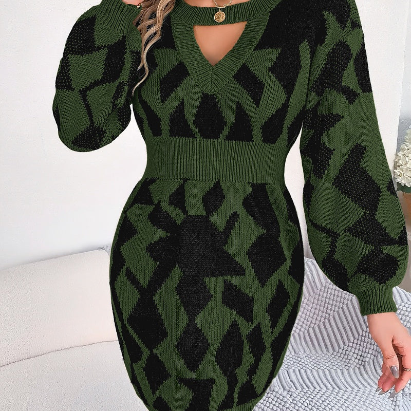 Color Matching Hollow Out Lantern Sleeve Fitted Waist Sweater Dress