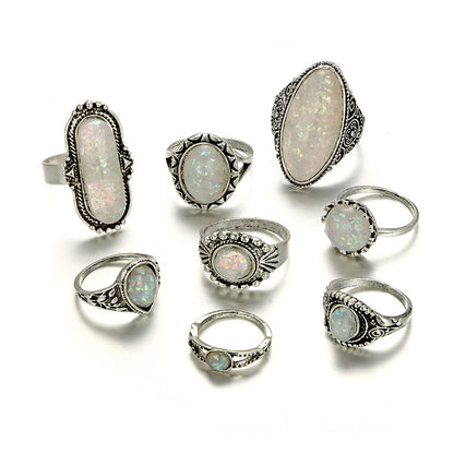 Ornament Creative Geometric Opal Gem 8-piece Set Combination Set Rings