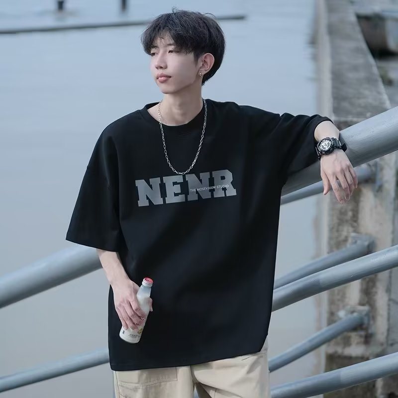 Round Neck Short Sleeve T-shirt Men's Trendy Loose Japanese Style Letter Half Sleeve Summer Casual Versatile