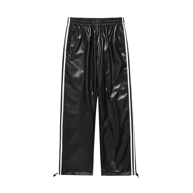 Spring And Autumn Simple Three Bar Stripes Straight Loose Leather Pants Men