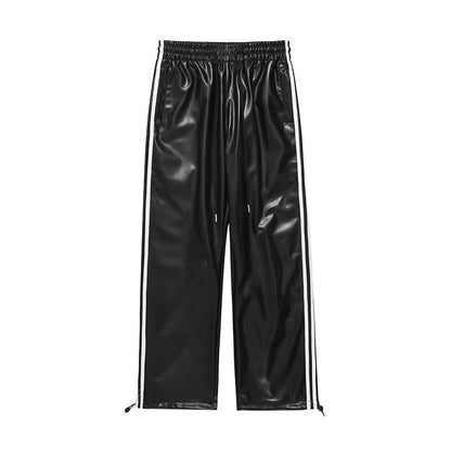 Spring And Autumn Simple Three Bar Stripes Straight Loose Leather Pants Men