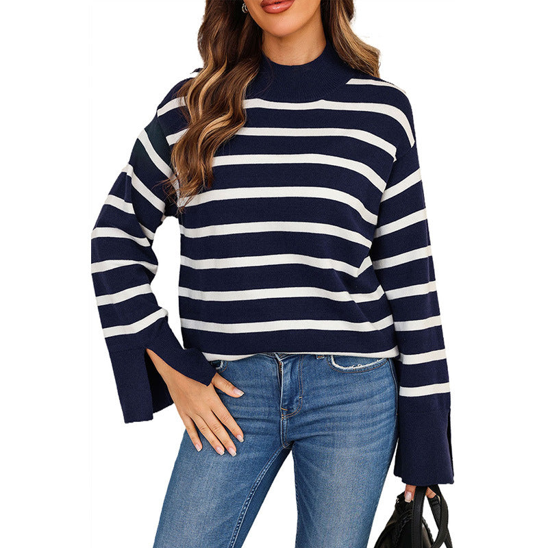 Striped Turtleneck Sweater Women's Cuffs