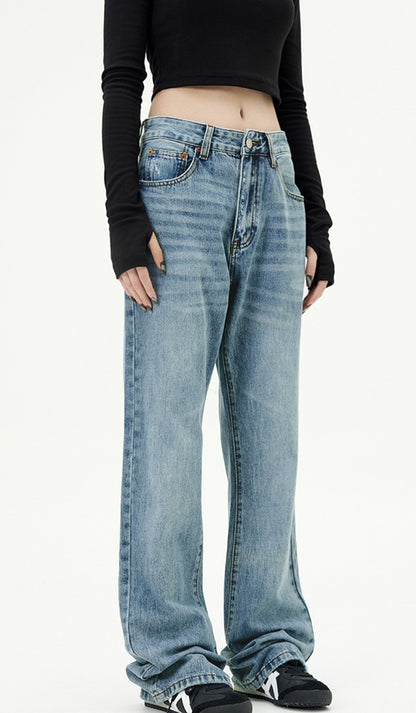 Basic Simple Blue Straight American Retro Jeans