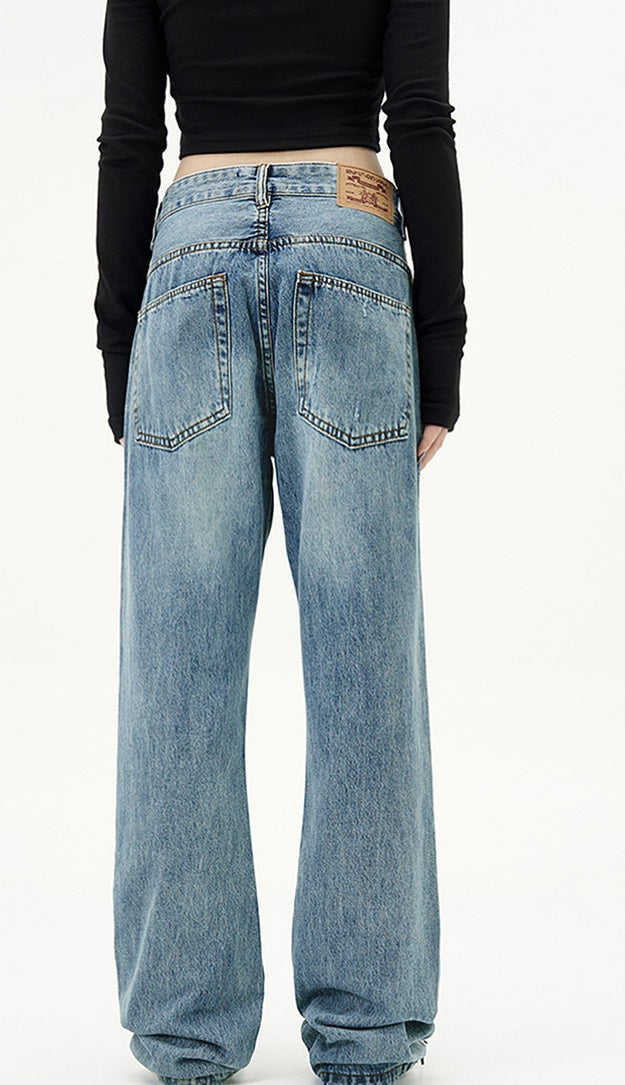 Basic Simple Blue Straight American Retro Jeans