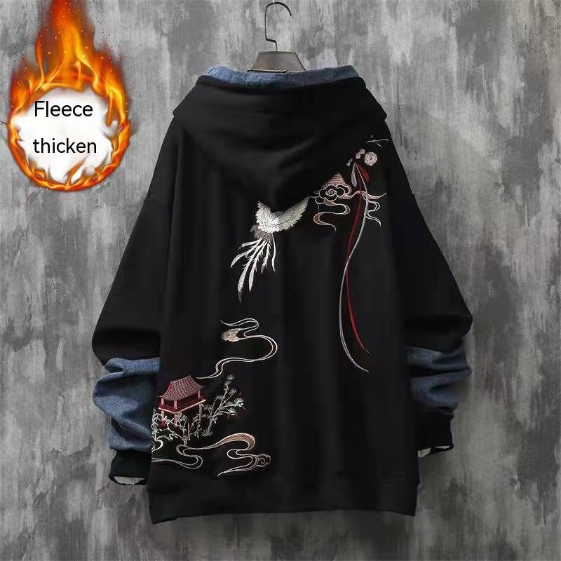 Chinese Style Button Embroidered Hooded Autumn And Winter Loose Stitching Denim Men's Clothing