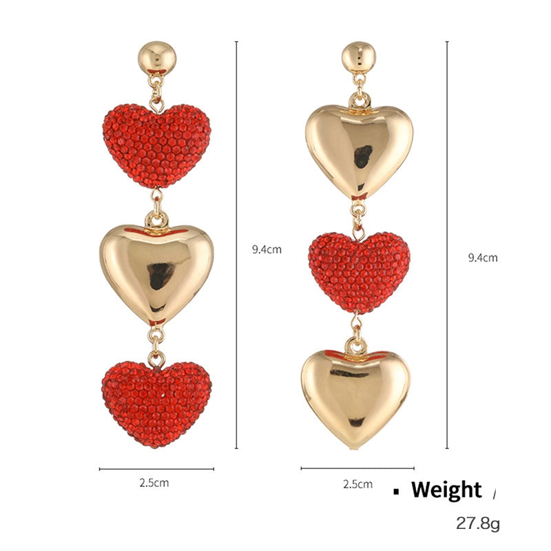 Red Heart Shape With Diamond Necklace Combination Suit Valentine's Day Gift Festival Peach Heart Earrings