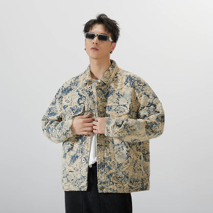 Autumn Retro Jacquard Denim Coat Men's Loose