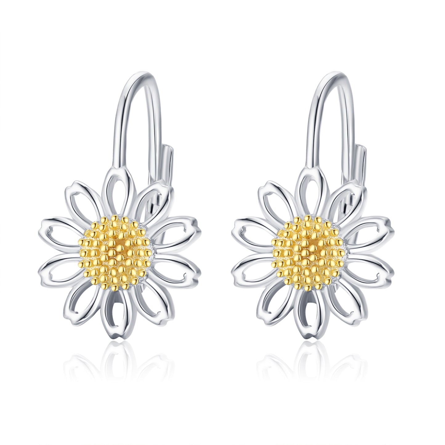 Daisy Leverback Hoop Earrings in White Gold Plated Sterling Silver