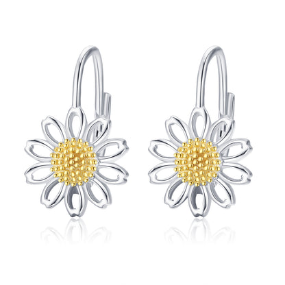 Daisy Leverback Hoop Earrings in White Gold Plated Sterling Silver