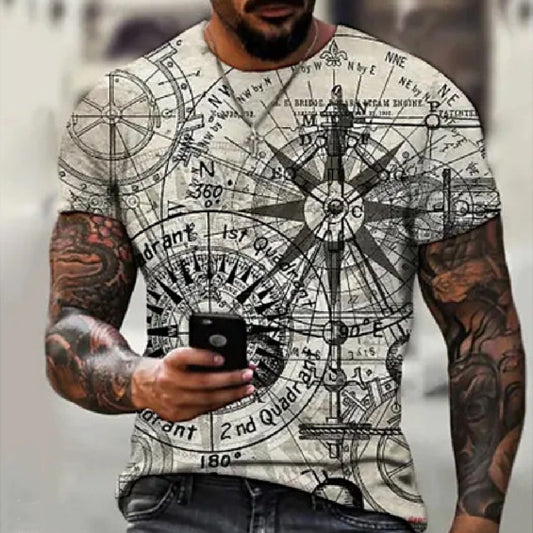 Summer New Men's T-shirt 3D Compass Printed Round Neck Short Sleeve