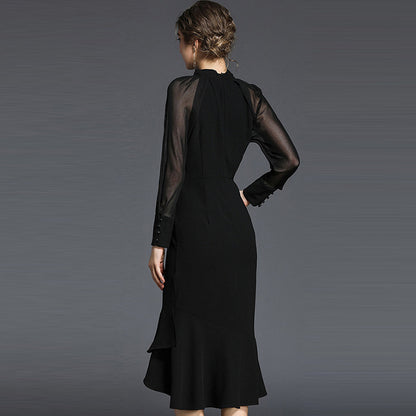 Stylish Temperament Long Sleeves Fishtail Slim Black Dress