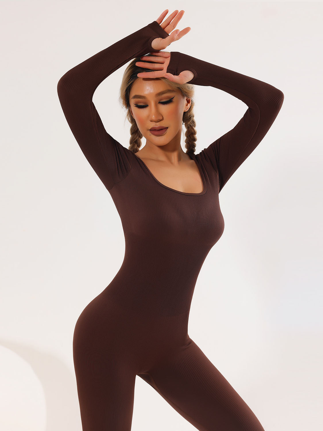 Women's Long-sleeved Thread Yoga Suit Sexy Square-neck Women's Hip Raise Slim Fit Sports Jumpsuit