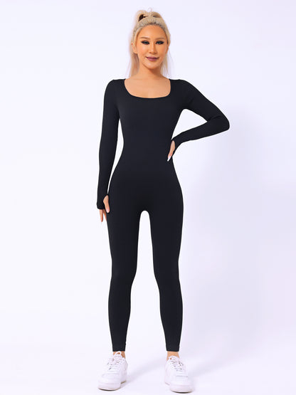 Women's Long-sleeved Thread Yoga Suit Sexy Square-neck Women's Hip Raise Slim Fit Sports Jumpsuit