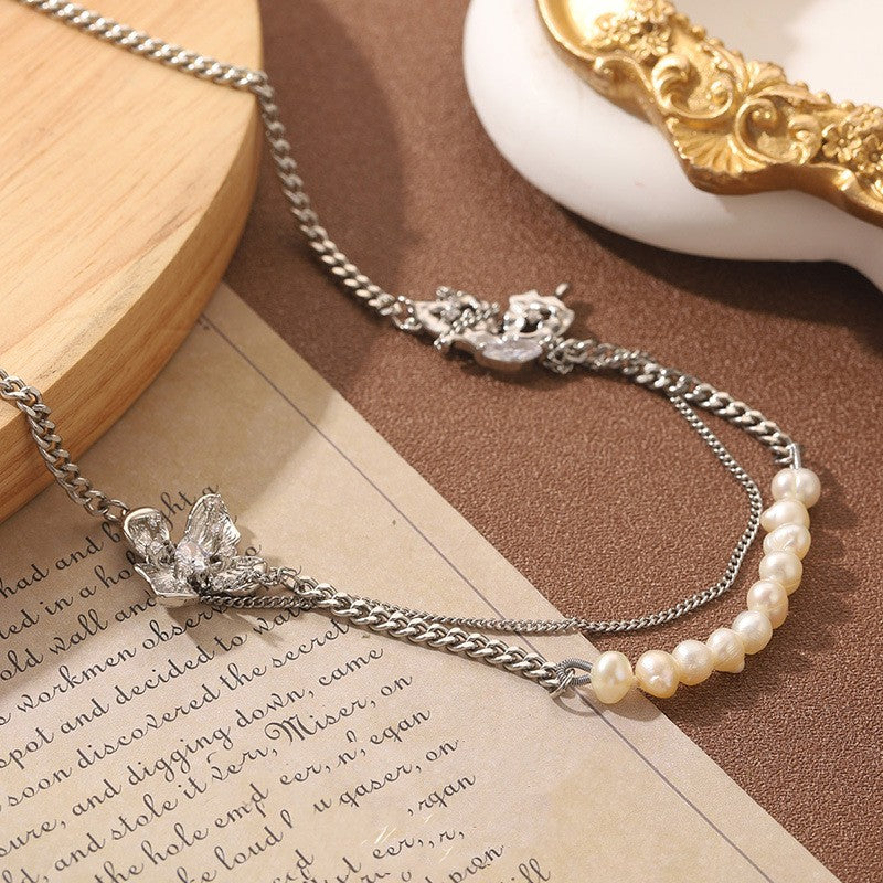 Korean Style Ins Style Natural Pearl Flower Double-layer Necklace