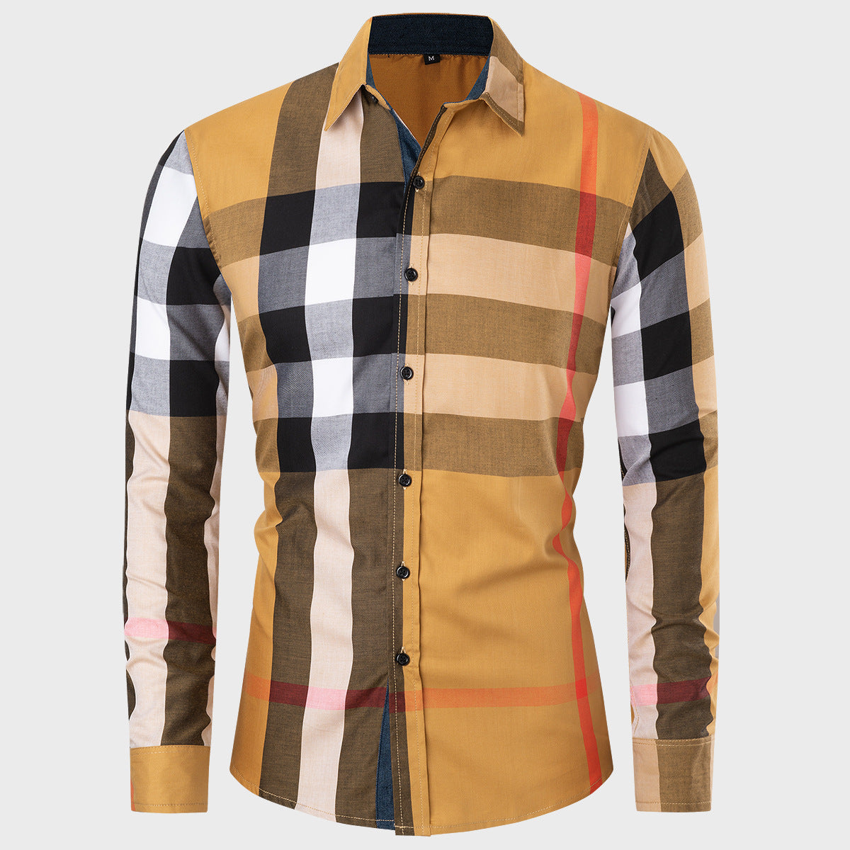 New Men's Cotton Long-sleeved Shirt Color Matching Plaid