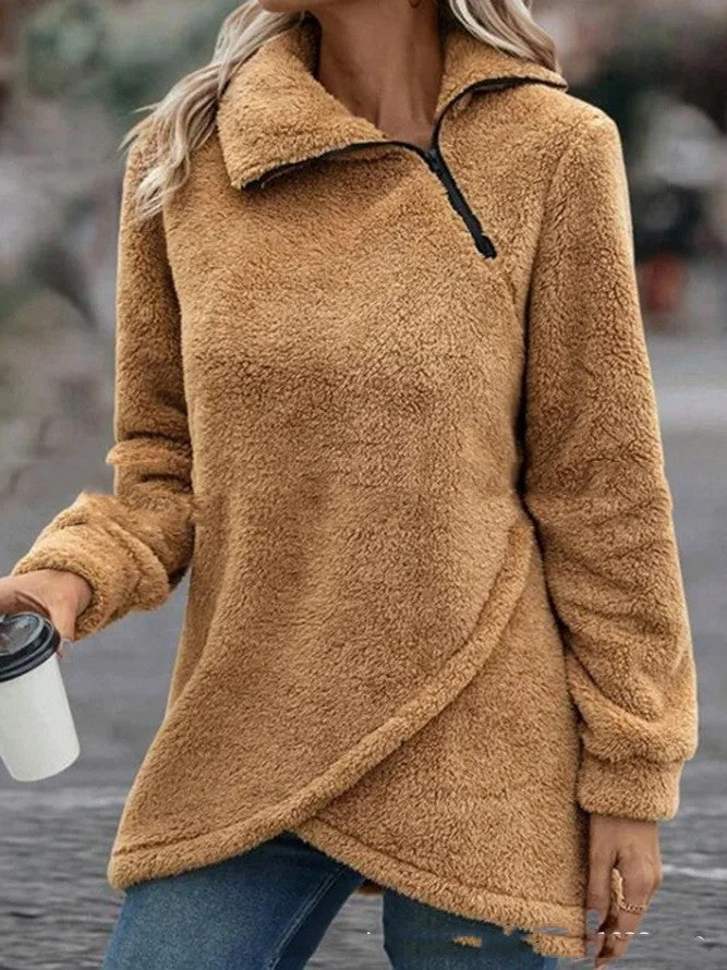 Women's Zipper And Lapel Solid Color Plush Sweater