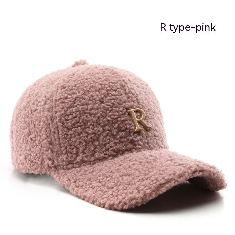 Autumn And Winter Letter R Solid Color Lamb Wool Baseball Cap Outdoor Sun Protection