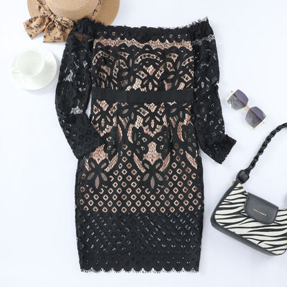 Spring Off-shoulder Long Sleeve Lace Hollow Dress