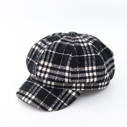 Autumn And Winter Leisure Peaked Cap British Black And White Plaid Octagonal Hat