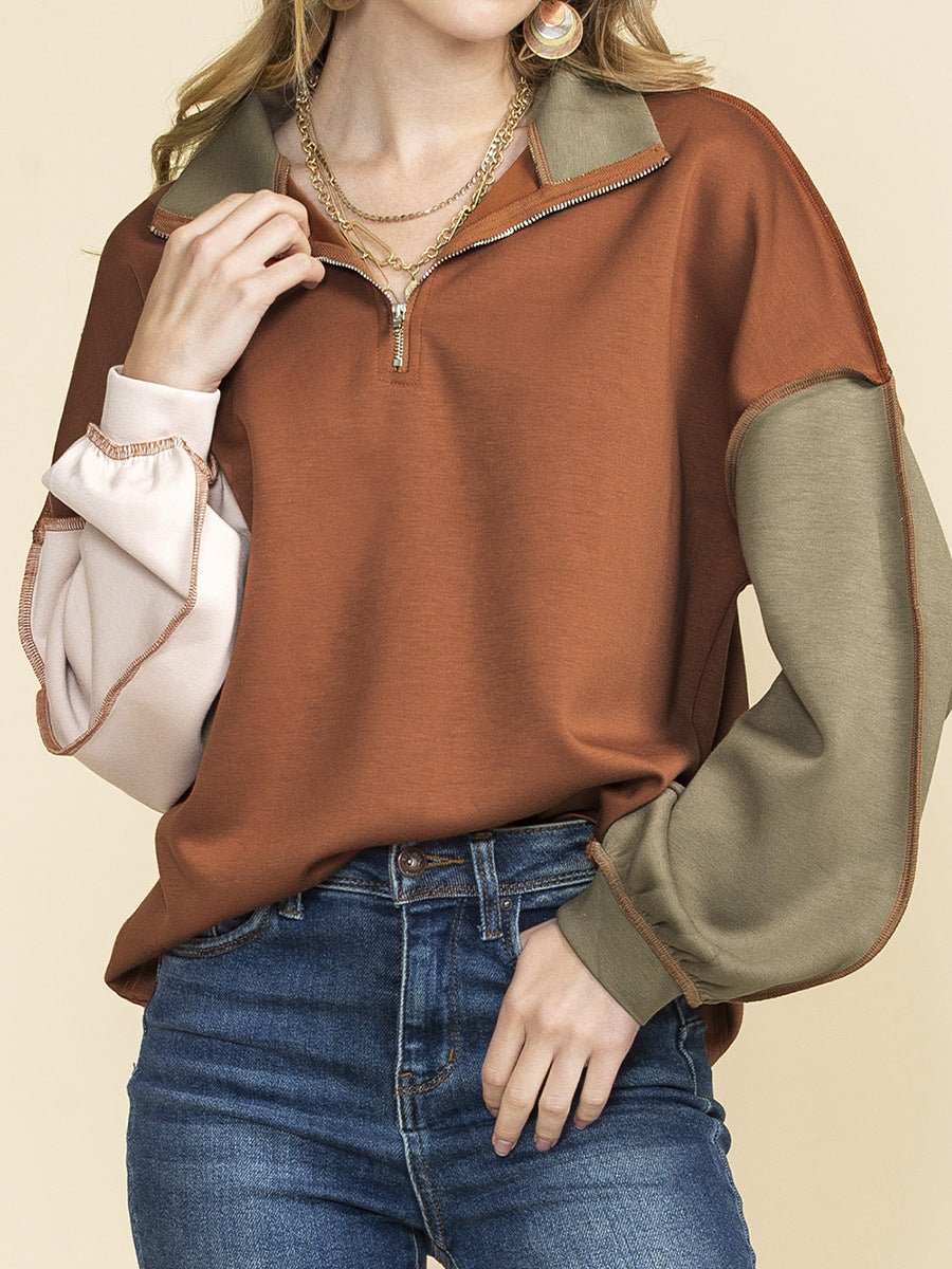 New Color Contrast Patchwork Long-sleeved Top For Women