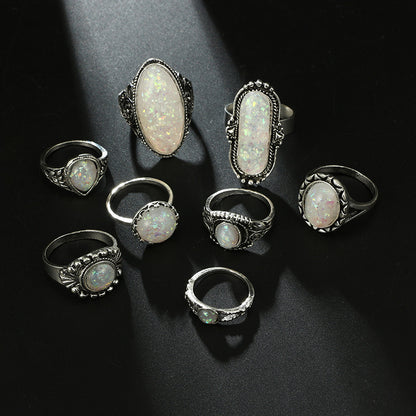 Ornament Creative Geometric Opal Gem 8-piece Set Combination Set Rings