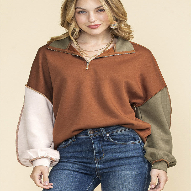 New Color Contrast Patchwork Long-sleeved Top For Women