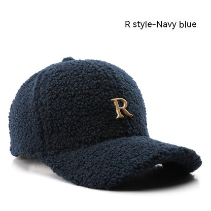 Autumn And Winter Letter R Solid Color Lamb Wool Baseball Cap Outdoor Sun Protection