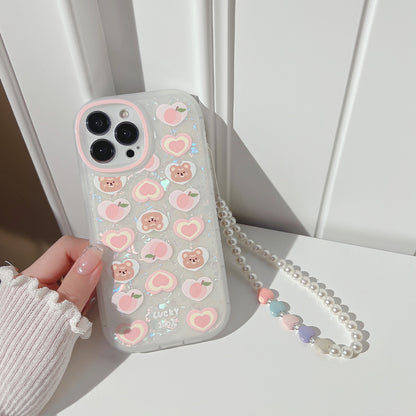 Peach Love Bear Pearl Chain Phone Case