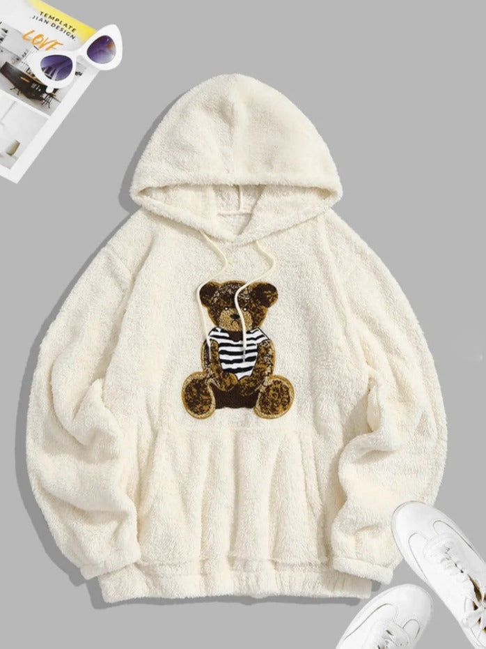 Flannel Fabric Plush Bear Embroidery Badge Hooded Sweater