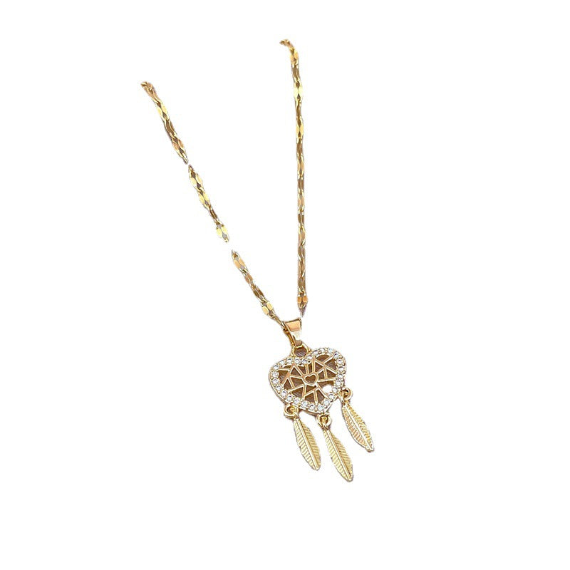 Women's Fashion Micro Inlay Real Gold Feather Dream Catcher Necklace